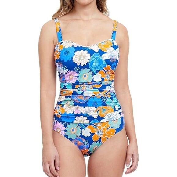 EUC Profile by Gottex Rising Sun One‎ Piece Swimsuit D-Cup Blue Floral Ruched - Picture 1 of 15